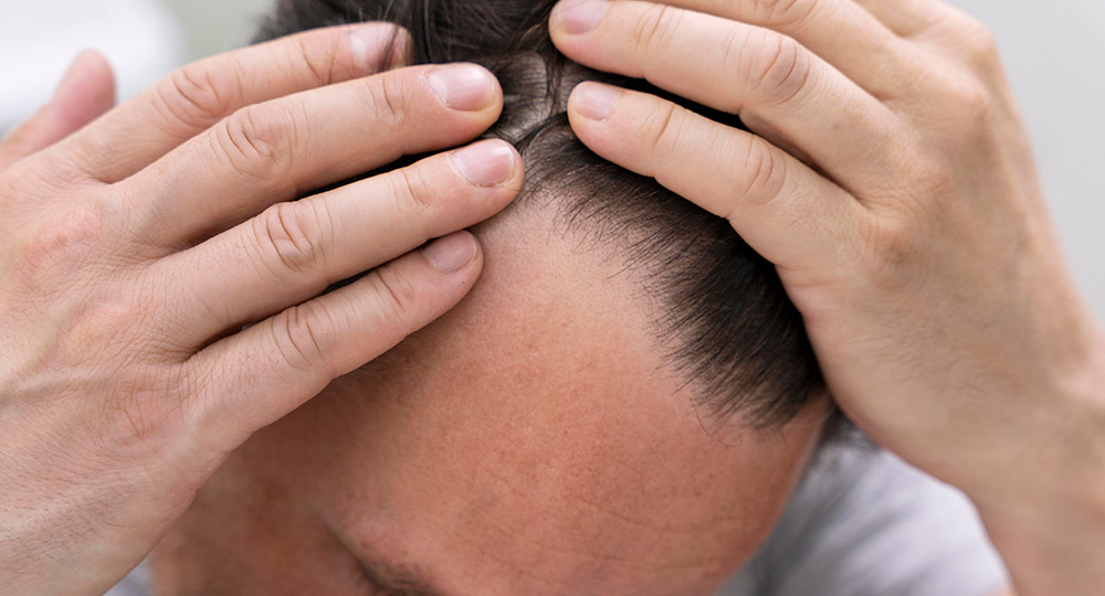 mann überlegt wegen haarverdichtung